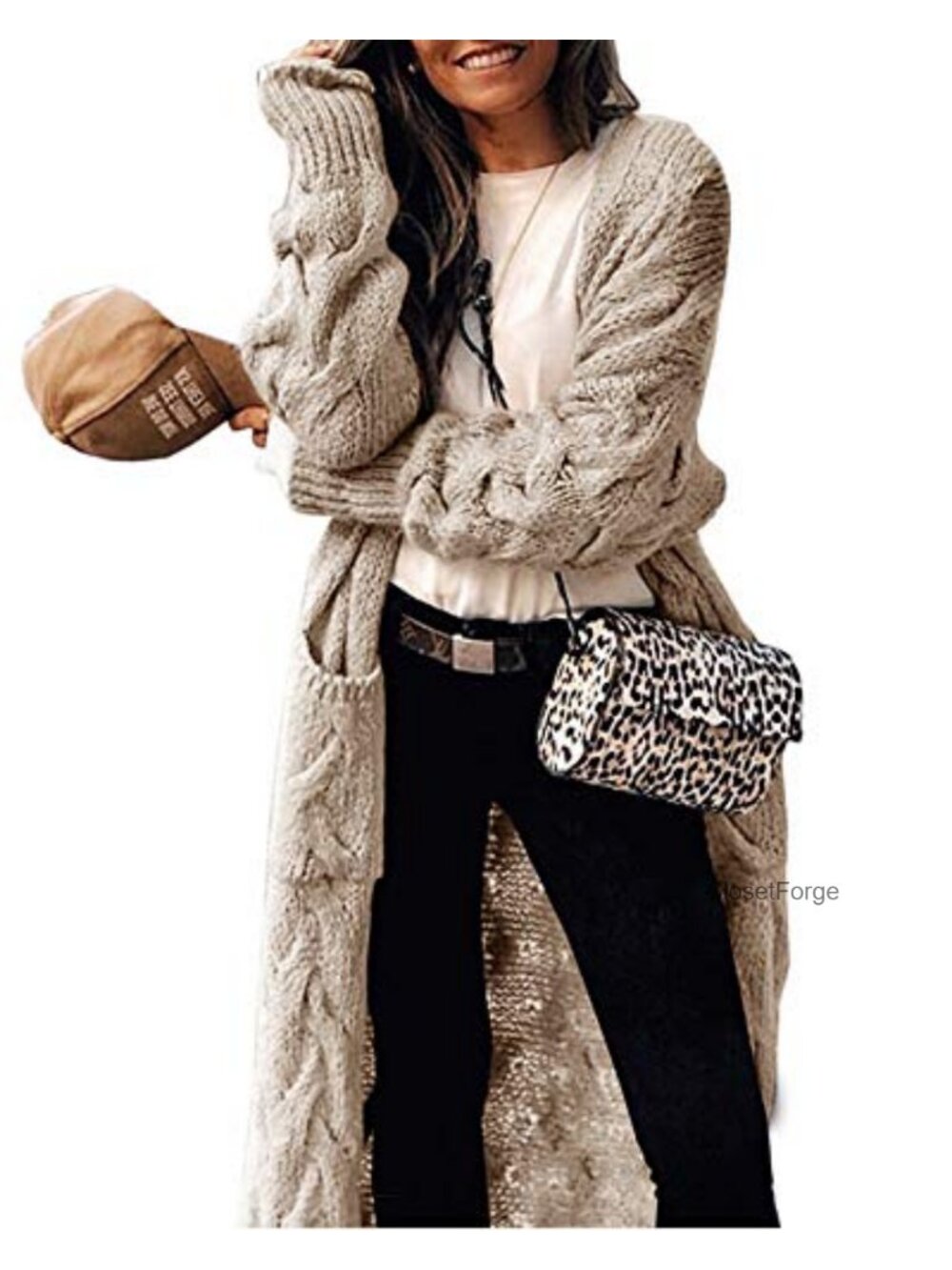 Chunky Cable Knit Long Cardigan Sweater Open Front Pockets Women's